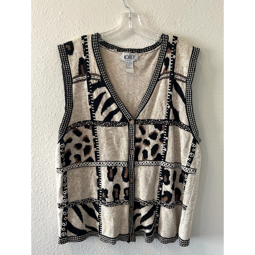 Vintage Koret Womens Sweater Vest 1X Patchwork Animal Print Cottage Grannycore